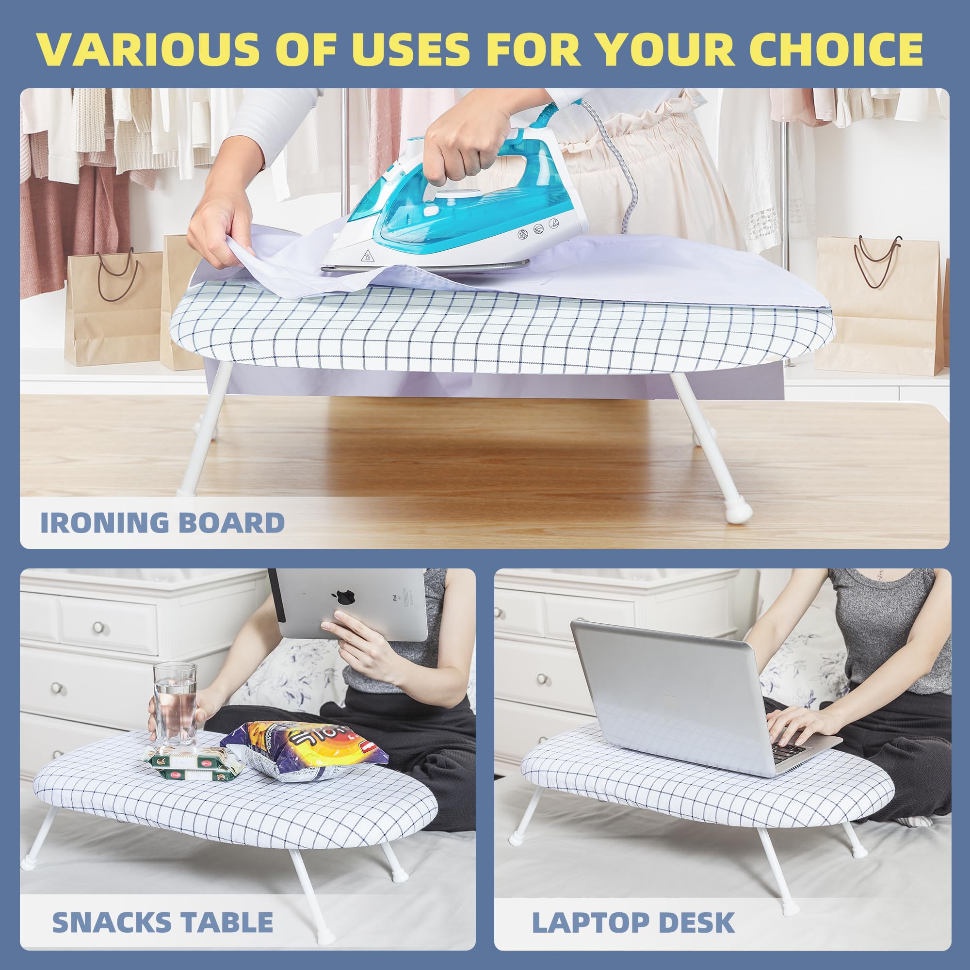 Storage MANIAC Tabletop Ironing Board with Folding Legs, Extra Wide Countertop Ironing Board with Cotton Cover, Portable Mini Ironing Board for Sewing, Craft Room, Household, Dorm, Blue