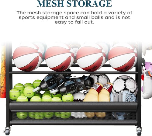Homeiju Sports Equipment Organizer - Ball Storage Rack with Wheels & Hooks | Indoor/Outdoor Black Shelf