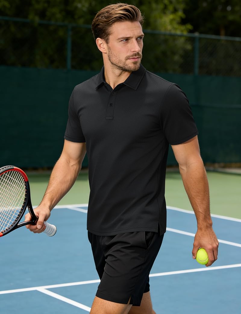 TACVASEN Men’s Polo Shirt Short Sleeve Dry Fit Golf Collar 3-Button Black XL