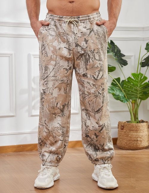 Eutten Mens Camo Sweatpants Baggy Maple Leaf Print Tapered Joggers Fleece Drawstring Waist Workout Lounge Pants with Pockets