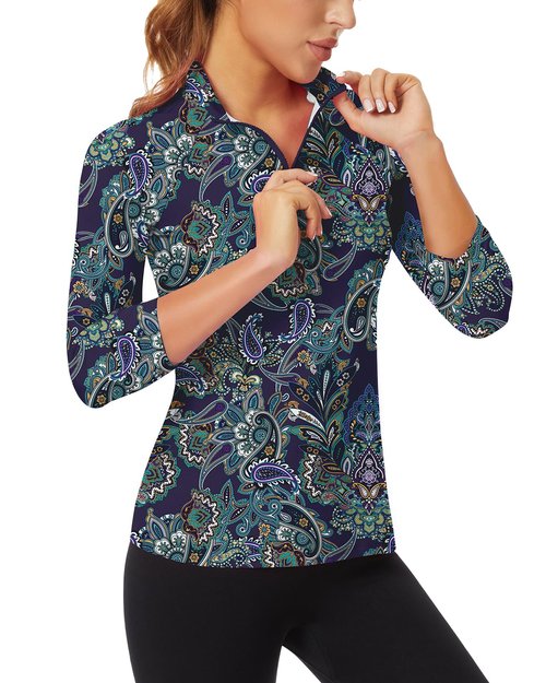 Women's 3/4 Sleeve Golf Shirts Sun Protection Workout Pullover 3/4 Zip Sweatshirt Athletic Running Top (Dark Navy Paisley,Medium)