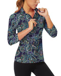 Women's 3/4 Sleeve Golf Shirts Sun Protection Workout Pullover 3/4 Zip Sweatshirt Athletic Running Top (Dark Navy Paisley,Medium)