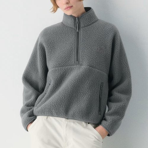 Keeliya Womens Fleece Sweatshirts Cropped Half Zip Fuzzy Warm Sherpa Pullover Varsity Jackets with Zipper Pockets(Dark-Grey,M)