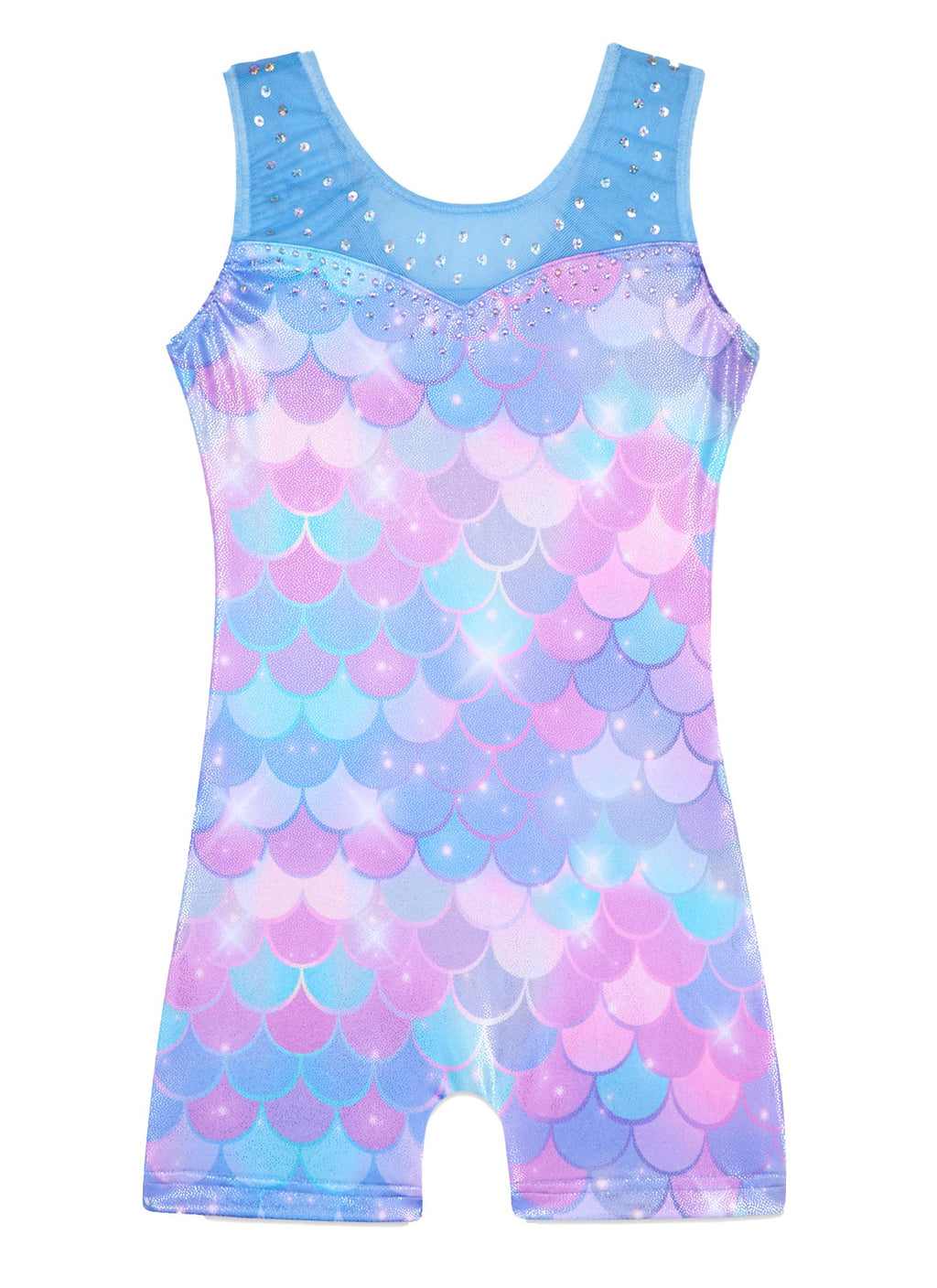 HOZIY leotards for gymnastics kids size 7-8 years Spliced Mesh Strap Tumbling Outfits Biketard Practice Blue Mermaid Rhienstone Sparkly ropa de gimnasia para niñas