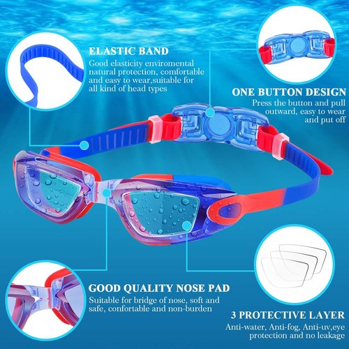 COOLOO Kids Swim Goggles - 2 Pack of Comfortable, Adjustable Goggles for Ages 4-16