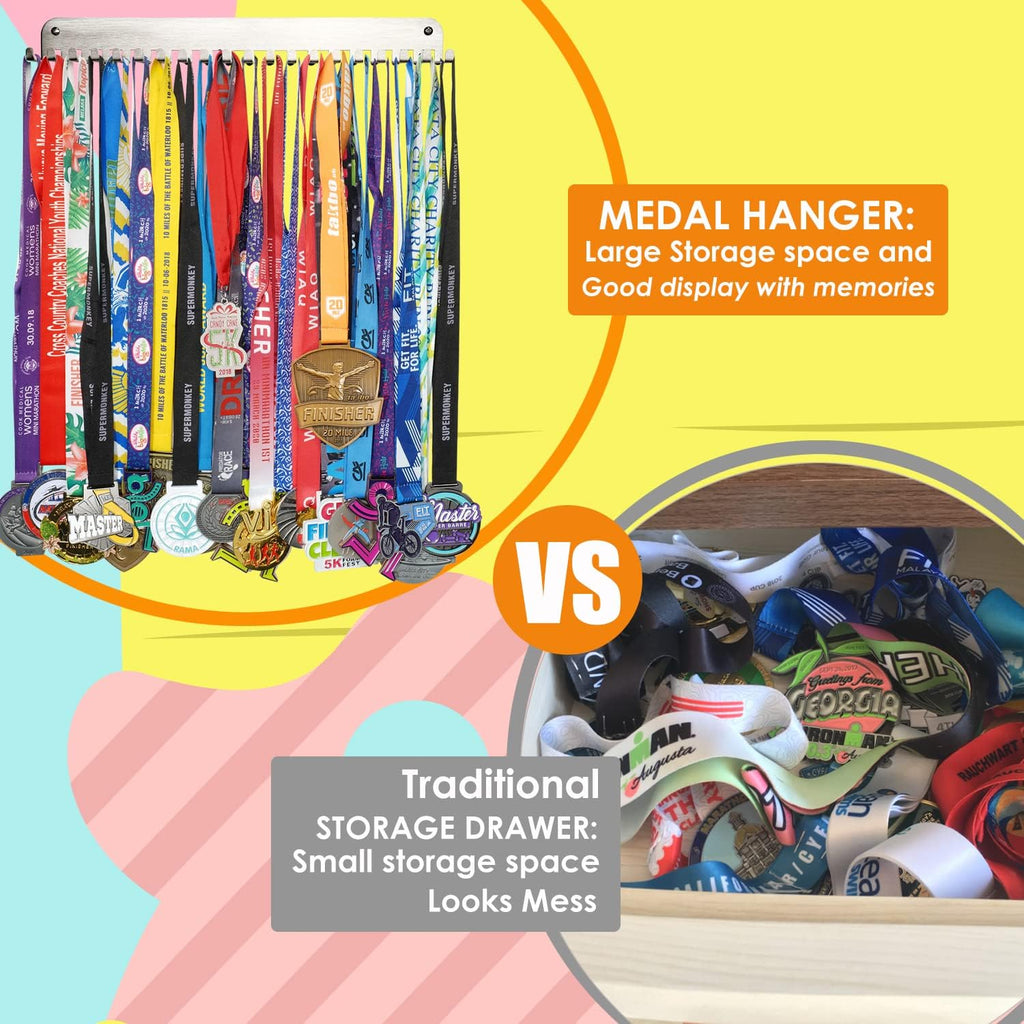 Skiennix Stainless Steel Medal Holder Display Rack - Sturdy Wall Mount with 20 Hooks for Gymnastics, Soccer, Running, Wrestling