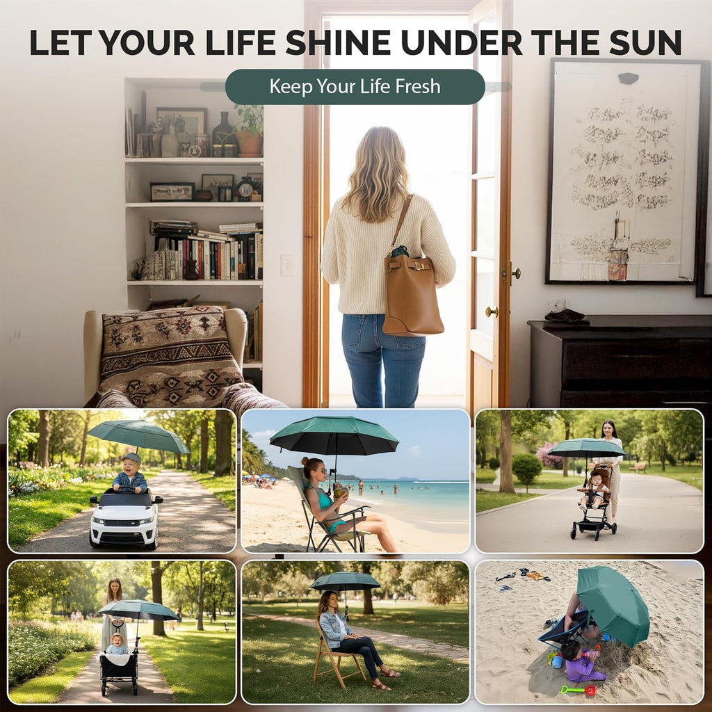 Universal Adjustable Clamp Beach Chair Umbrella by [Brand Name] - Lightweight Portable Sunshade for Stroller, Pool, Camp, Bleachers (Dark Green)