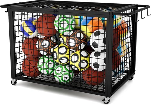Boshen 41.7" Extra Large Ball Cart Storage Rolling with Lockable Wheels Lid & Removable Handle, XXL Sports Equipment Basketball Storage Holds Up to 36 Balls for School, Club, Gym, Garage
