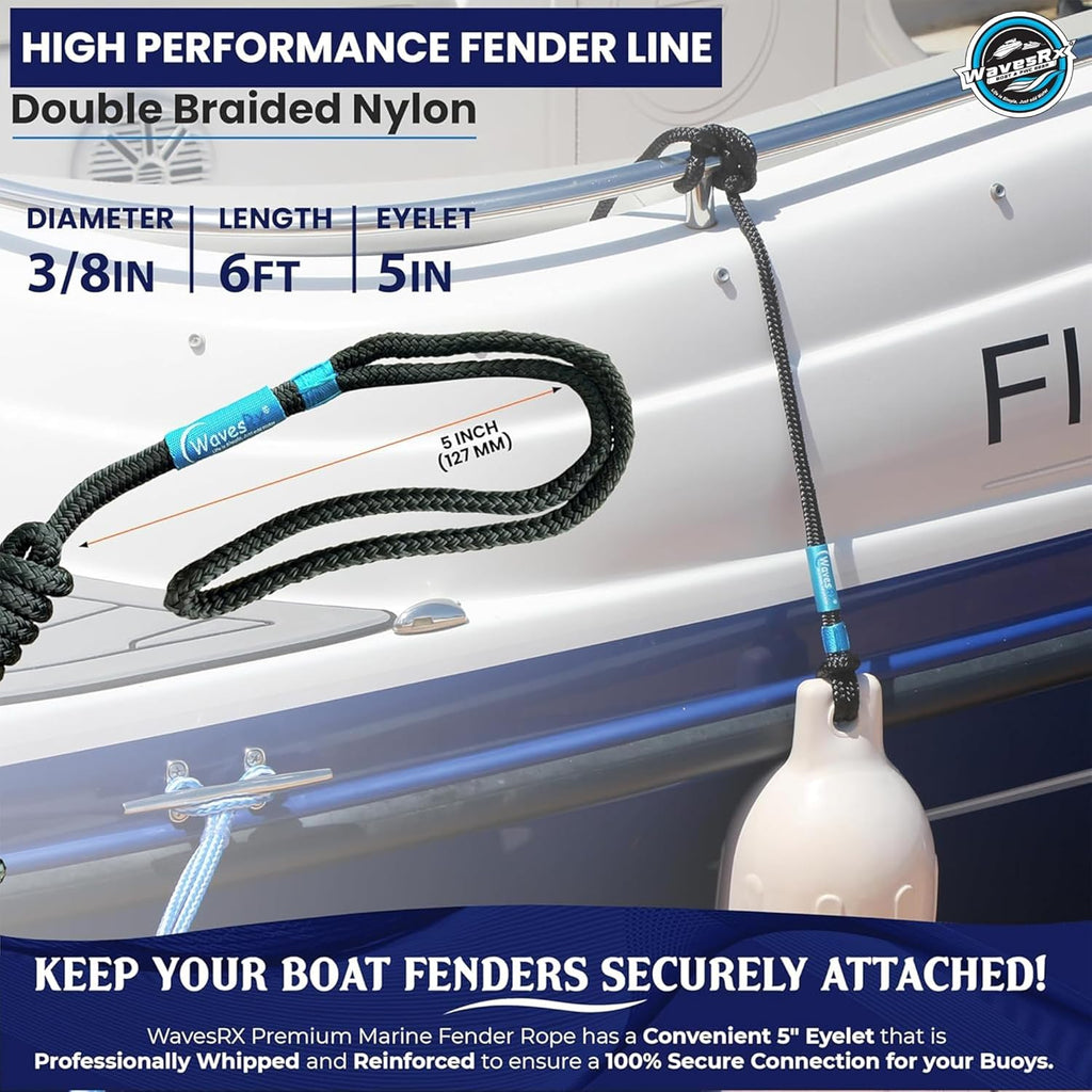 WavesRx Premium Fender Line - Double Braided Nylon Dock Ropes | 3/8'' x 6' (4 Pack) for Boats & Pontoons