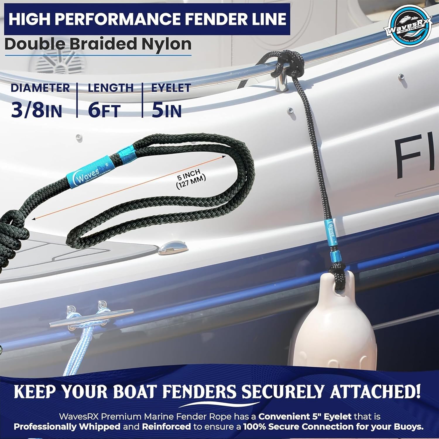 WavesRx Premium Fender Line - Double Braided Nylon Dock Ropes | 3/8'' x 6' (4 Pack) for Boats & Pontoons