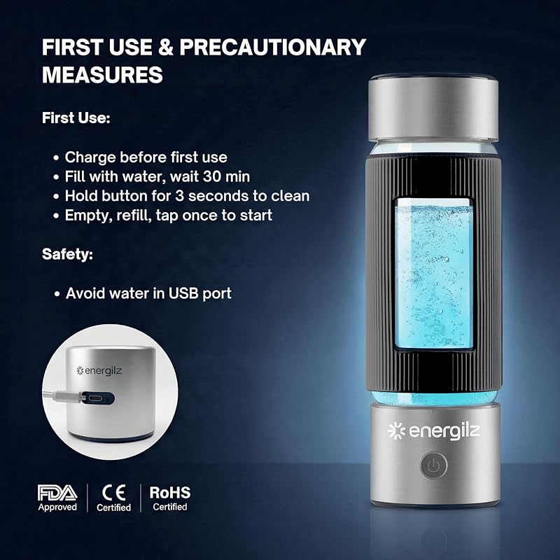Hydrogen Water Bottle 16.2 oz with SPE/PEM Technology – Steel w/ Black, 3000 ppb Hydrogen Generator