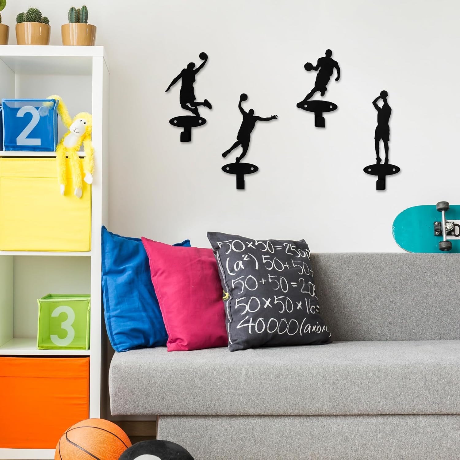 Xedatric Basketball Players Coat Hooks - 4 Piece Slam Dunk Silhouette Wall Mounted Metal Hangers for Teen Boys' Room Decor