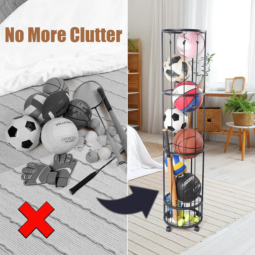 Upgrated Ball Storage Rack - Wall-Mounted Sports Equipment Organizer with Adjustable Cords | Indoor/Outdoor Use