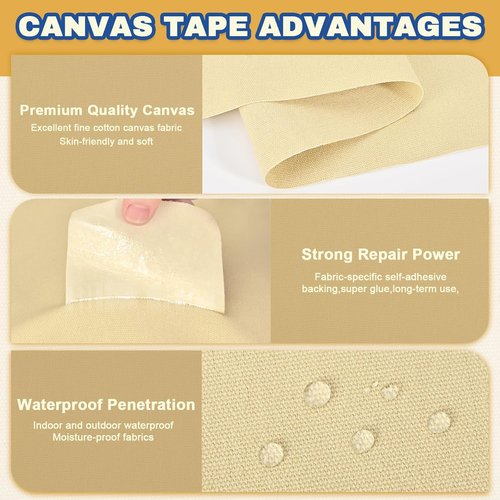 Canvas Repair Tape - 3.2 x 63 Inch Waterproof Heavy Duty Fabric Tape for Furniture & Outdoor Use | Khaki
