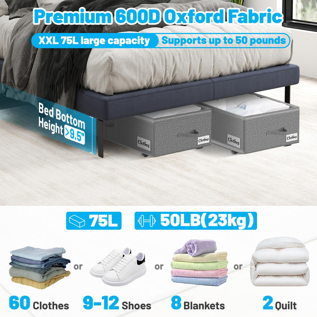 Under Bed Storage with Wheels, 2-Pack 10" Height XXL 75L Rolling Storage Bins, Quick Assembly Underbed Shoe Storage Containers with Clear Lid & Label, Dorm Under Bed Drawers for Clothes, Shoes, Black