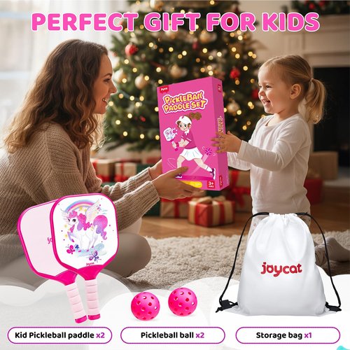 Joycat Kids Pink Pickleball Paddles Set, 2 Cute Pickleball Paddles for Kids with Small Grip,2 Pickleballs, 1 Drawstring Bag,Indoor Outdoor Sport Gifts for Girls(Unicorn)