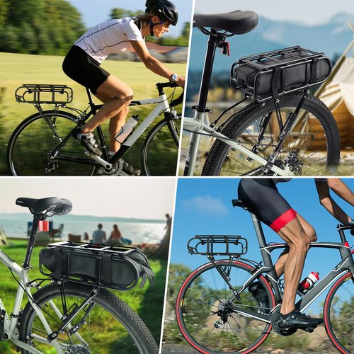 Aluminum Rear Bike Rack - Universal Adjustable Touring Carrier with 55lbs Load Capacity, Quick Release System & 5L Waterproof Multifunctional Bag