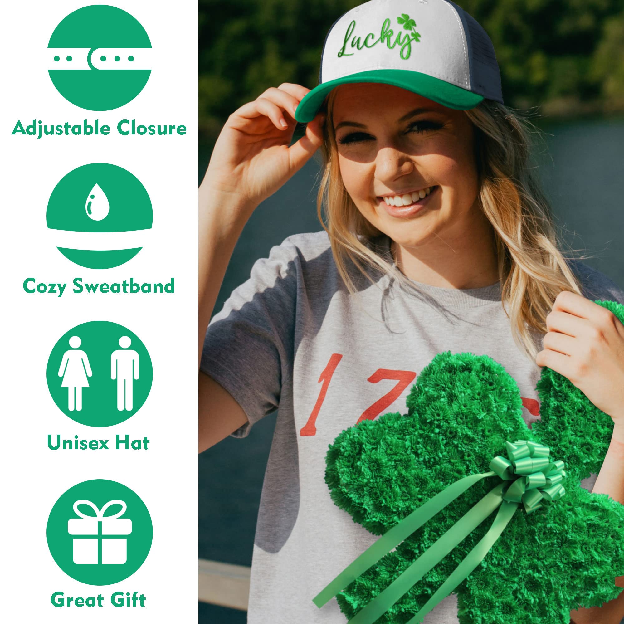 St Patricks Day Embroidered Trucker Hat for Men, Luck Adjustable Washable Green Shamrock Baseball Cap