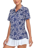 Tanst Sky Women's Golf Polo Shirt - Short Sleeve V-Neck with Adjustable Zip, Leaf Pattern (A-Blue White) - Athletic Workout Top