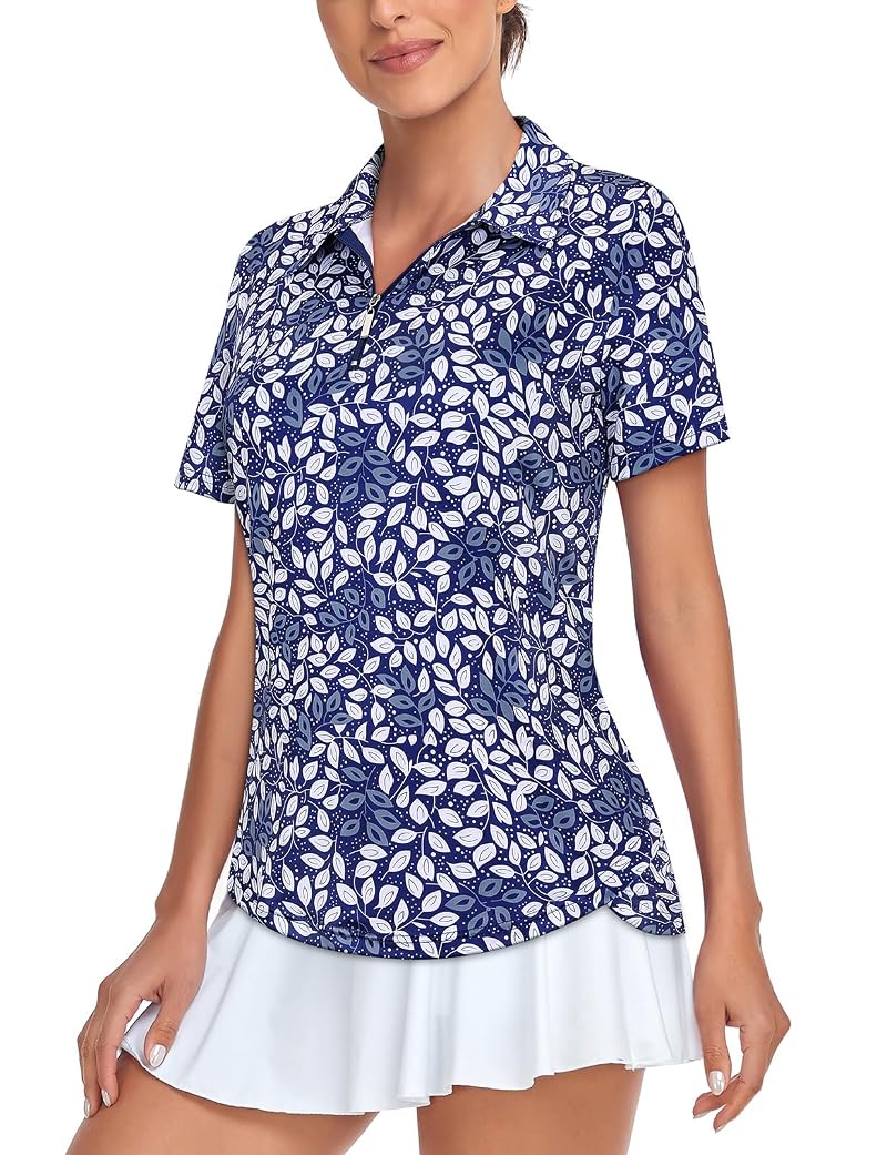 Tanst Sky Women's Golf Polo Shirt - Short Sleeve V-Neck with Adjustable Zip, Leaf Pattern (A-Blue White) - Athletic Workout Top