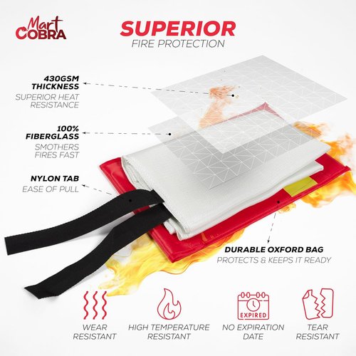 Mart Cobra Fire Blanket 2-Pack | Emergency Fire Suppression for Home & Kitchen | 40"x40" Heat Resistant Fiberglass Safety Blankets