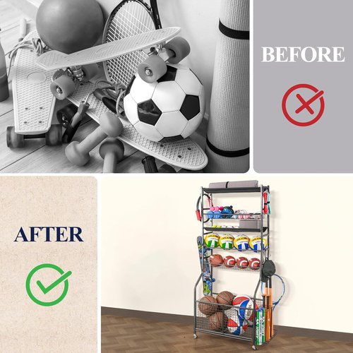 Mythinglogic Garage Ball Storage | Rolling Sports Equipment Organizer with Wheels for Indoor/Outdoor Use