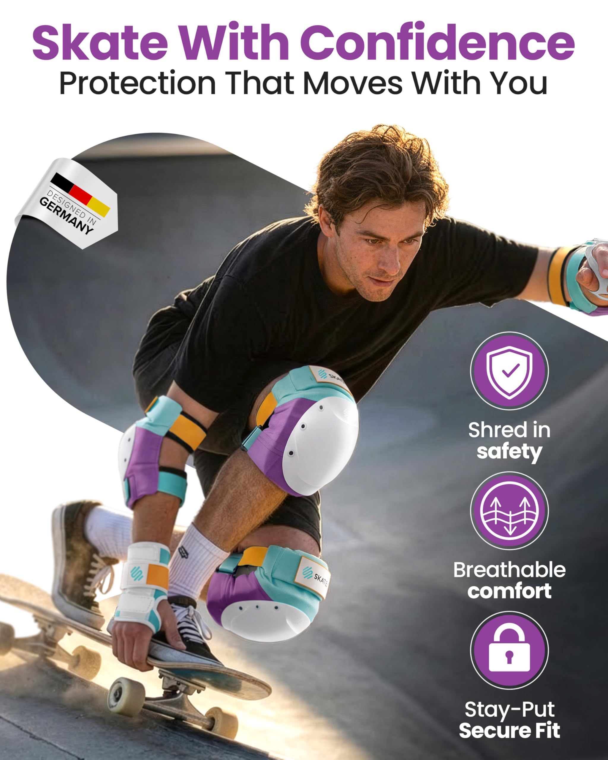 SKATEWIZ Knee and Elbow Pads Adult - Skating Protective Gear Adult - Shield - Size M/L Lavender Blue - Skateboard Pads with Wrist Guards for Inline Skates, Roller Skate - Ice Skates for Women