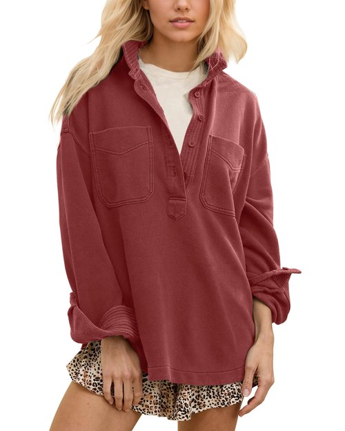 Gacaky Sweatshirt for Women Oversized Casual Long Sleeve Polo V Neck Split Pullover Tops Fashion Outfits Clothes Burgundy Medium