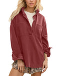 Gacaky Sweatshirt for Women Oversized Casual Long Sleeve Polo V Neck Split Pullover Tops Fashion Outfits Clothes Burgundy Medium