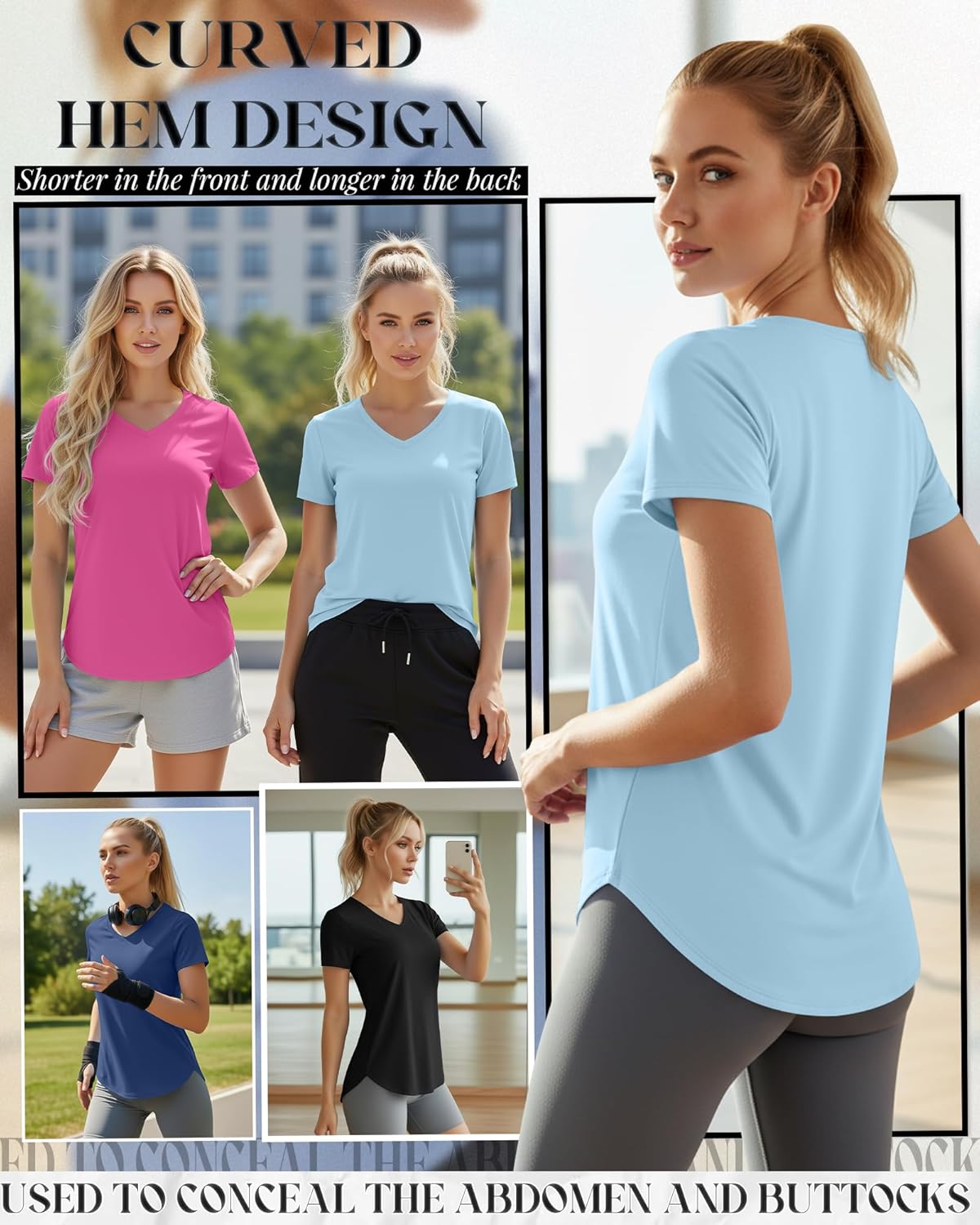 Oakgarden Women's Workout Tops - Quick Dry UPF 50+ V Neck Gym Shirts | 4 Pack, Lightweight with Side Slits