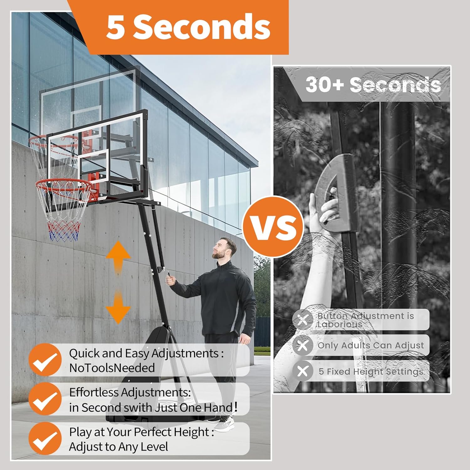 Skiennix Height Adjustable Basketball Hoop - 4.9-10FT Mobile Goal System with Weighted Base for Youth & Adults | Driveway & Backyard Play