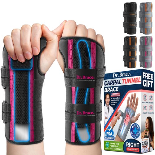 DR. BRACE Adjustable Wrist Brace Night Support for Carpal Tunnel, Doctor Developed, Upgraded with Double Splint & Therapeutic Cushion,Hand Brace for Pain Relief,Injuries,Sprains (S/M Right Hand, Black-Pink)