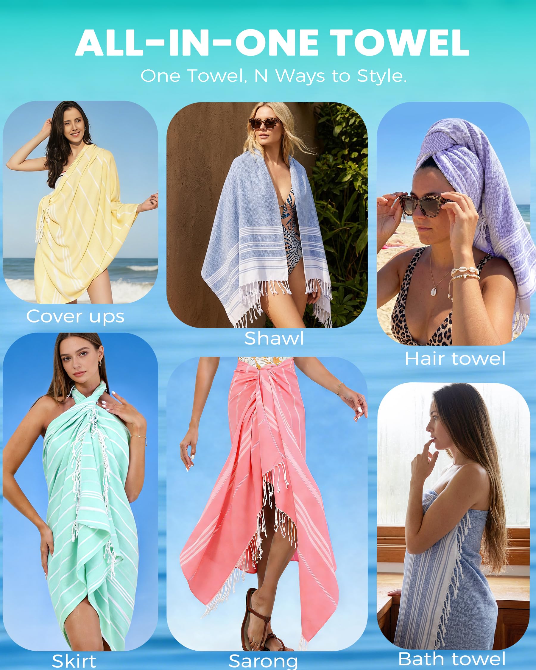 Antfuny 6 Packs Turkish Beach Towels Vacation Essentials Quick Dry Sand Free Soft Absorbent Extra Large XL Big Blanket Adult Oversized Bath Pool Swim Towel Set Bulk Multipack Thin Sandless Fast
