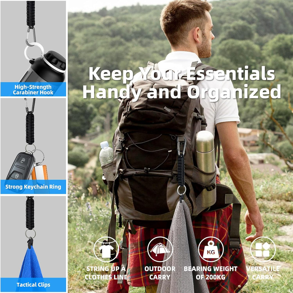 Paracord Keychain Carabiner Set - Multi-Function EDC Gear with Tactical Clips & D-Ring Hook for Outdoor Adventures