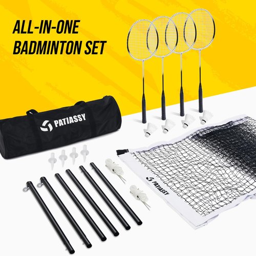Patiassy Badminton Set for Backyard, Outdoor Badminton Net with Anti-Sag Design, 4 Professional Badminton Rackets, 4 Shuttlecocks and Carry Bag for Lawn or Beach