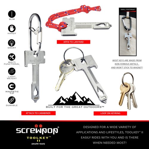 Screwpop Toolkey II Original Keyshape 17+ Multi-tool Includes Magnetic Phillips and Flathead Screwdriver Ultra Thin and Lightweight EDC Design Heat Treated Stainless Steel Silver