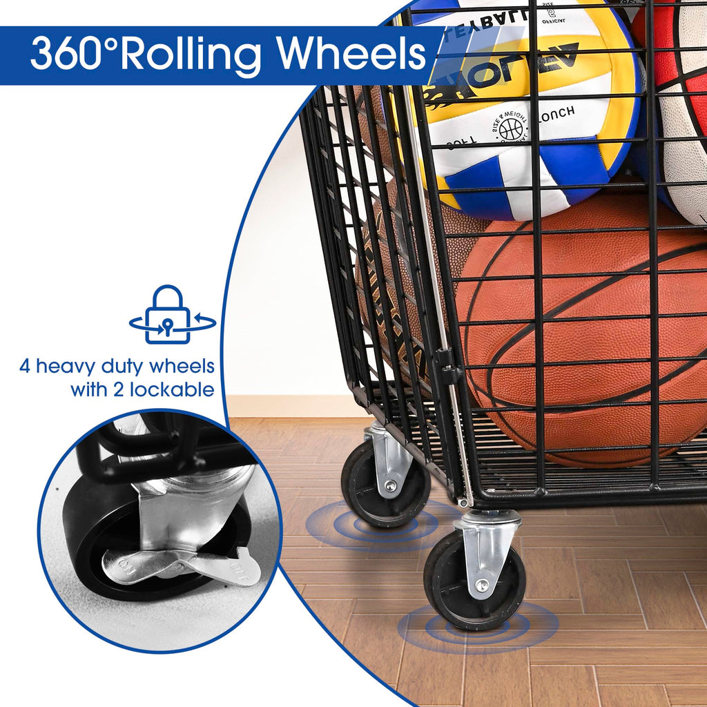 Mythinglogic Rolling Sports Ball Storage Cart, Sports Lockable Ball Storage Locker with Elastic Straps, Stackable Ball Cage for Garage Storage Garage Organizer (Large Set)