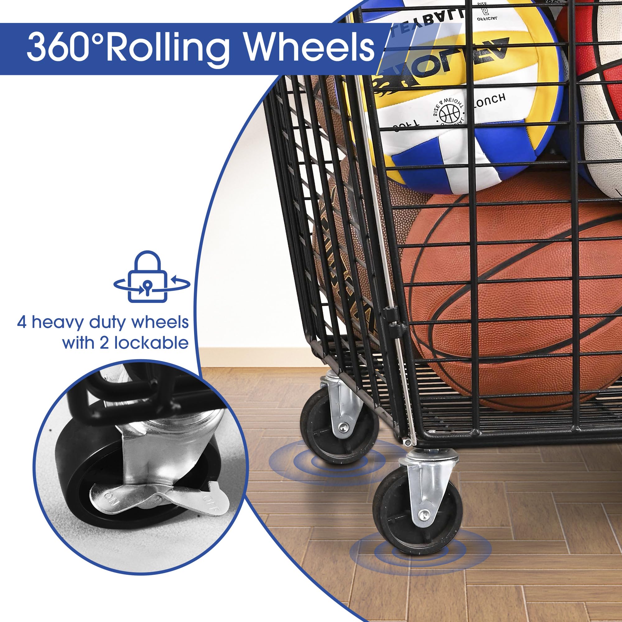 Mythinglogic Rolling Sports Ball Storage Cart, Sports Lockable Ball Storage Locker with Elastic Straps, Stackable Ball Cage for Garage Storage Garage Organizer (Large Set)