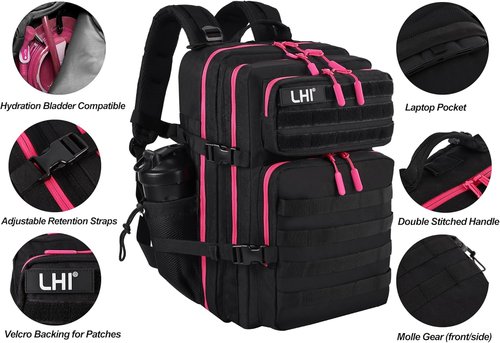 LHI Military Tactical Backpack - 45L Assault Pack with Molle System | Black with Red Zipper