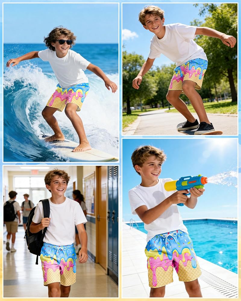 Summer Ice Cream 10-12 Years Boys Swim Trunks with Compression Liner, Quick-Dry Beach Shorts