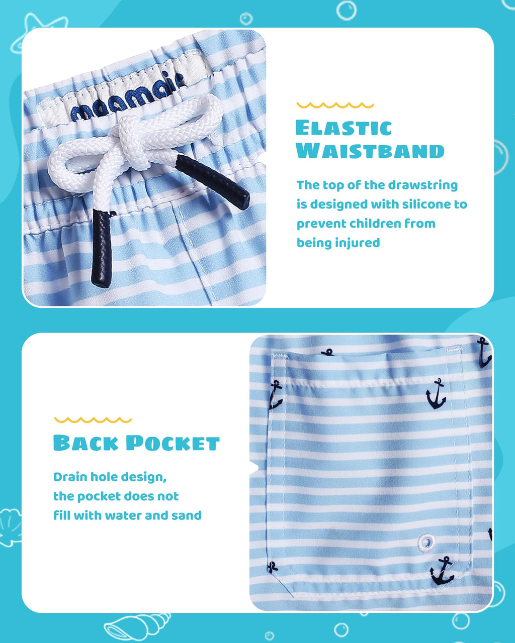 maamgic Boys Swim Trunks with Compression Liner Toddler Stretch Swim Shorts Quick Dry Swimming Trunks Boxer Brief 2 in 1 Beach Shorts White Blue Striped 2T