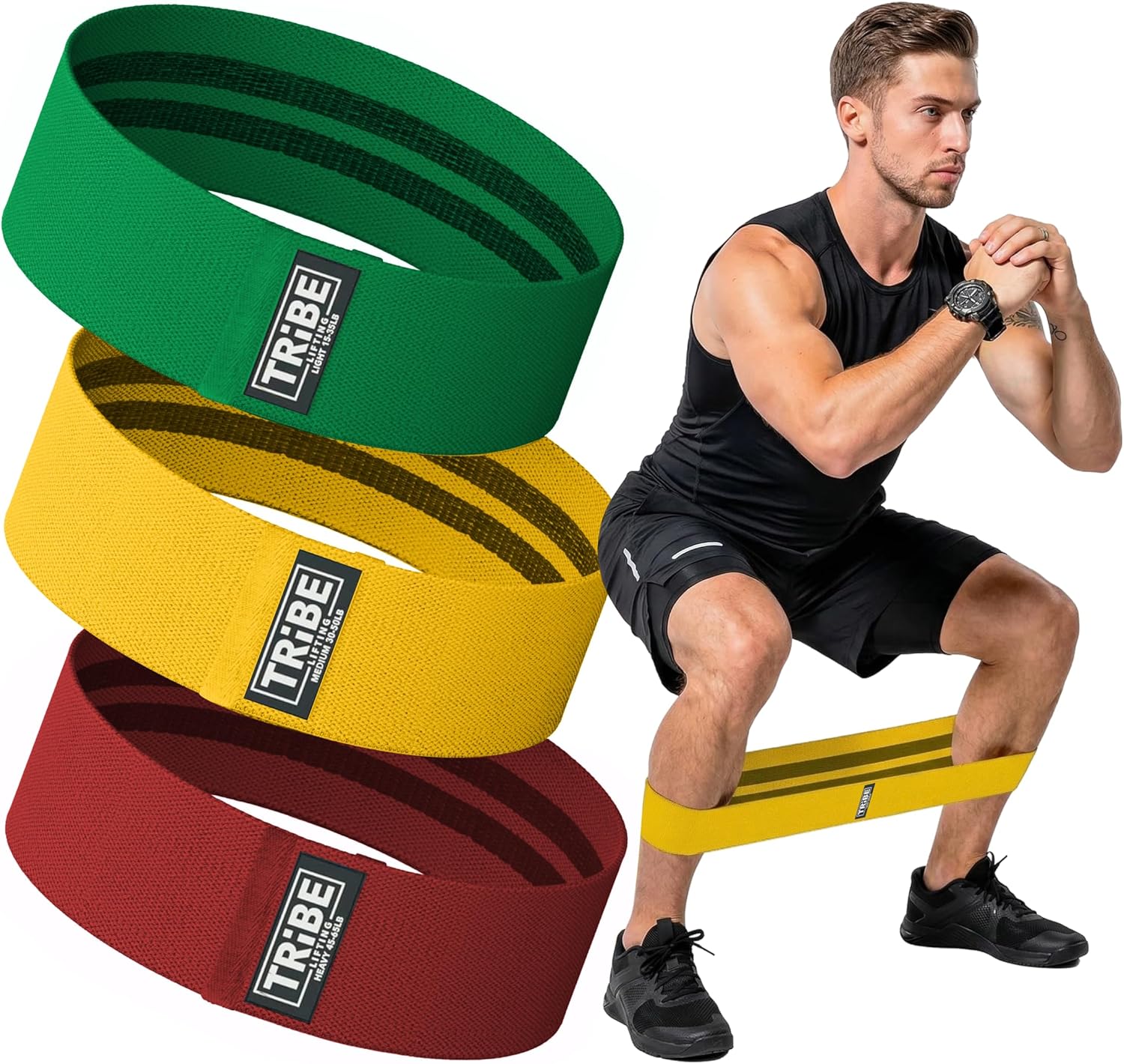 Tribe Lifting Resistance Bands - 3 Pack Fabric Workout Bands for Men & Women | Non-Slip Booty Bands for Legs & Glutes