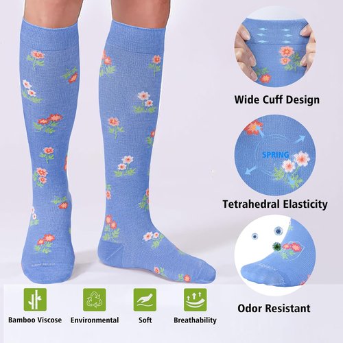 LEVSOX Bamboo Compression Socks - 20-30 mmHg Knee High Support for Pregnant Women | Cute Travel Design