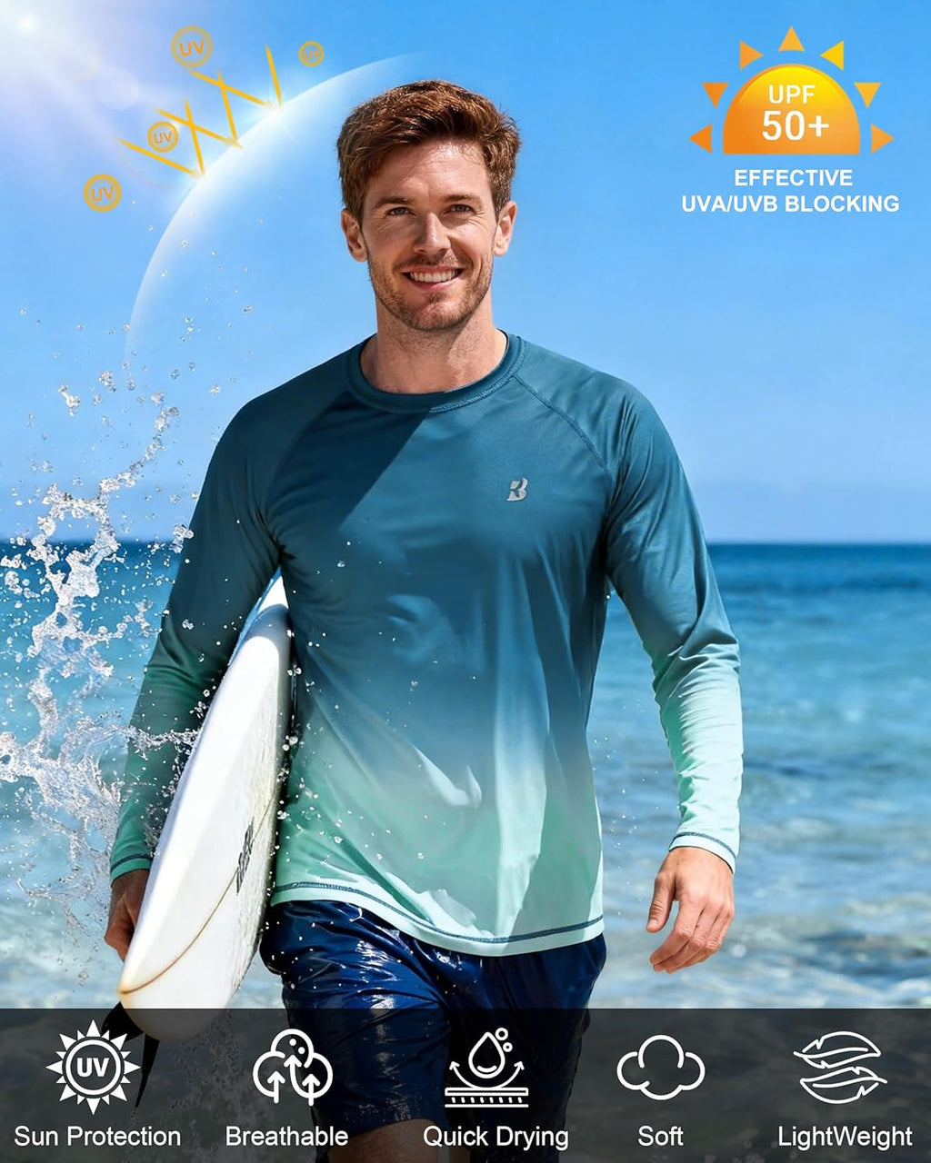 Roadbox Men's UPF 50+ Swim Shirt - Long Sleeve UV Sun Protection Rash Guard | Quick Dry SPF T-Shirt for Beach & Surfing