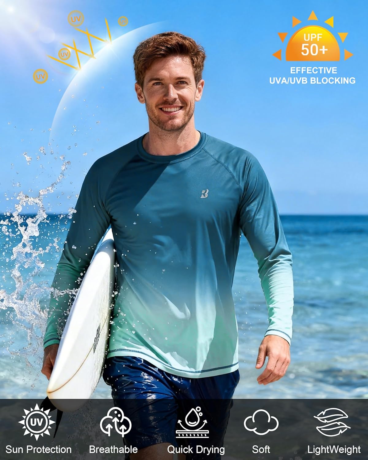 Roadbox Men's UPF 50+ Swim Shirt - Long Sleeve UV Sun Protection Rash Guard | Quick Dry SPF T-Shirt for Beach & Surfing