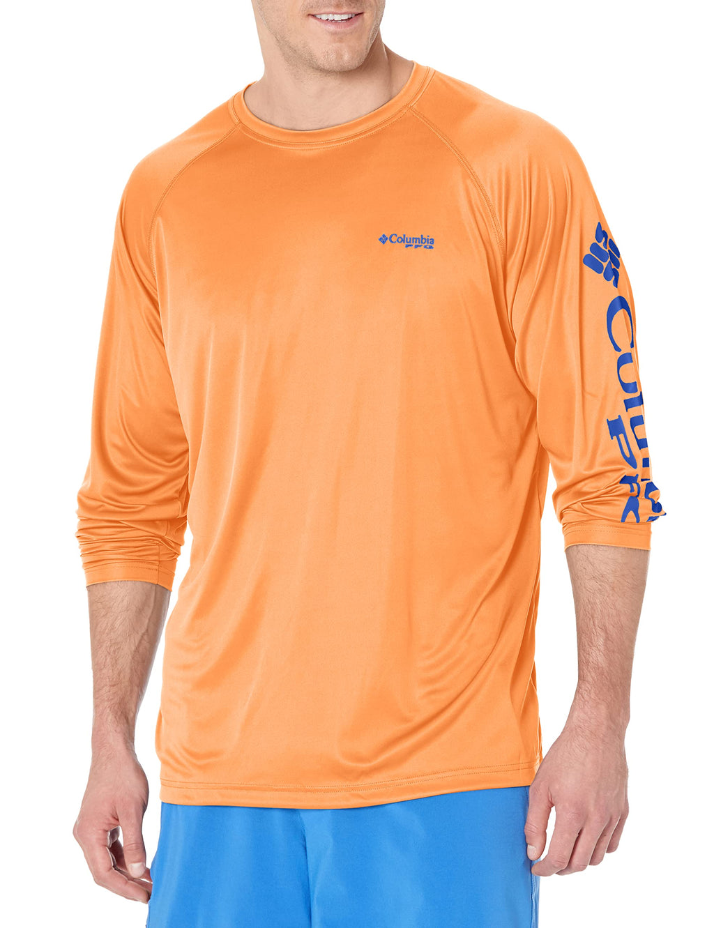 Columbia Men's PFG Terminal Tackle Long Sleeve Fishing Shirt, Bright Nectar/Vivid Blue Logo, Large Tall