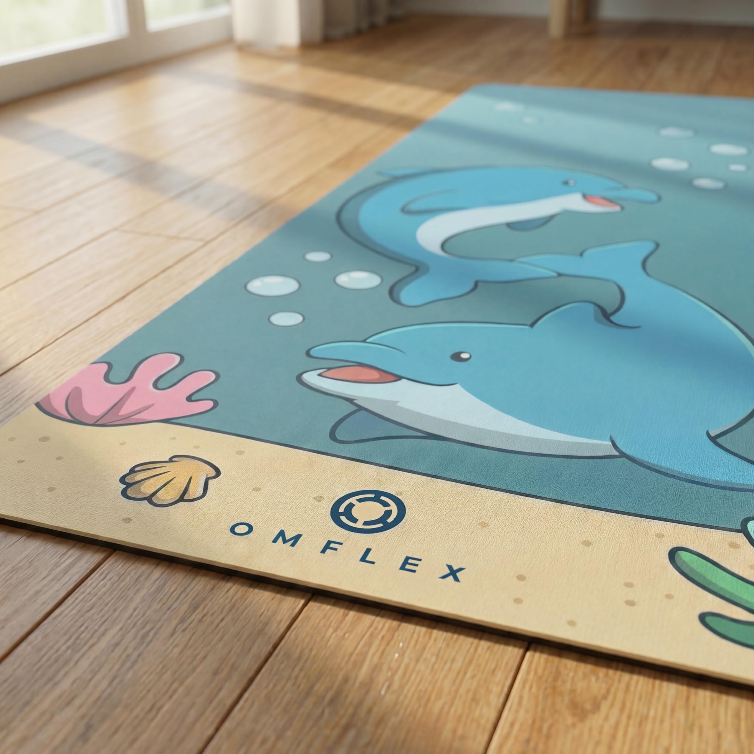 Omflex Kids Yoga Mat with Carrying Strap – 60"x24" Non-Slip Premium Exercise Mat for Kids, 3mm Thick Non-Toxic, PVC-Free Play Mat for Children, Dolphin, Car & Supergirl Designs (Dolphin)