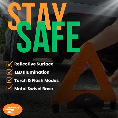 Lumen Wand LED Reflective Warning Triangles Kit - 3-Pack for Road Safety | Metal Base & Internal LEDs, Includes Storage Bag & 9 AAA Batteries