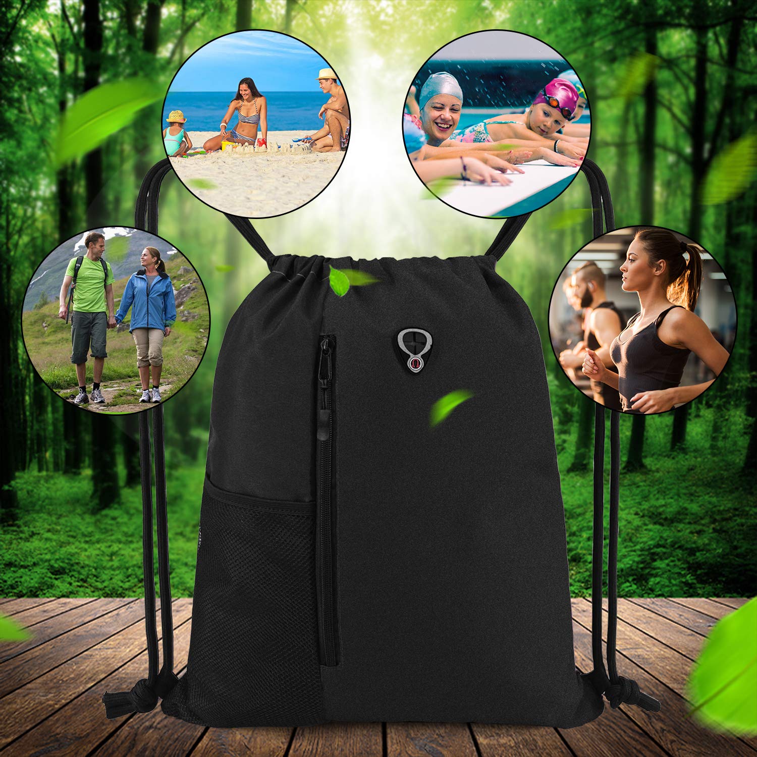BeeGreen White Drawstring Backpack Gym Bag For Men & Women – Sports Sackpack with Mesh Water Bottle Holder & 2 Zippered Pockets – Large 16x20 Inch Cinch String Backpack Workout Bag for Running, Travel