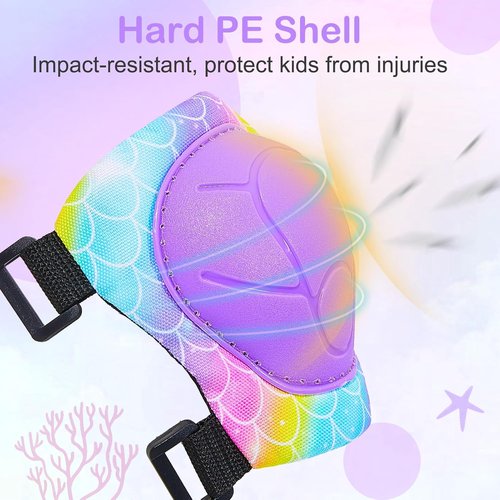 FIODAY Kids Knee Pads - Adjustable Knee, Elbow & Wrist Guards for Roller Skating | Rainbow Mermaid, 3-8 Years